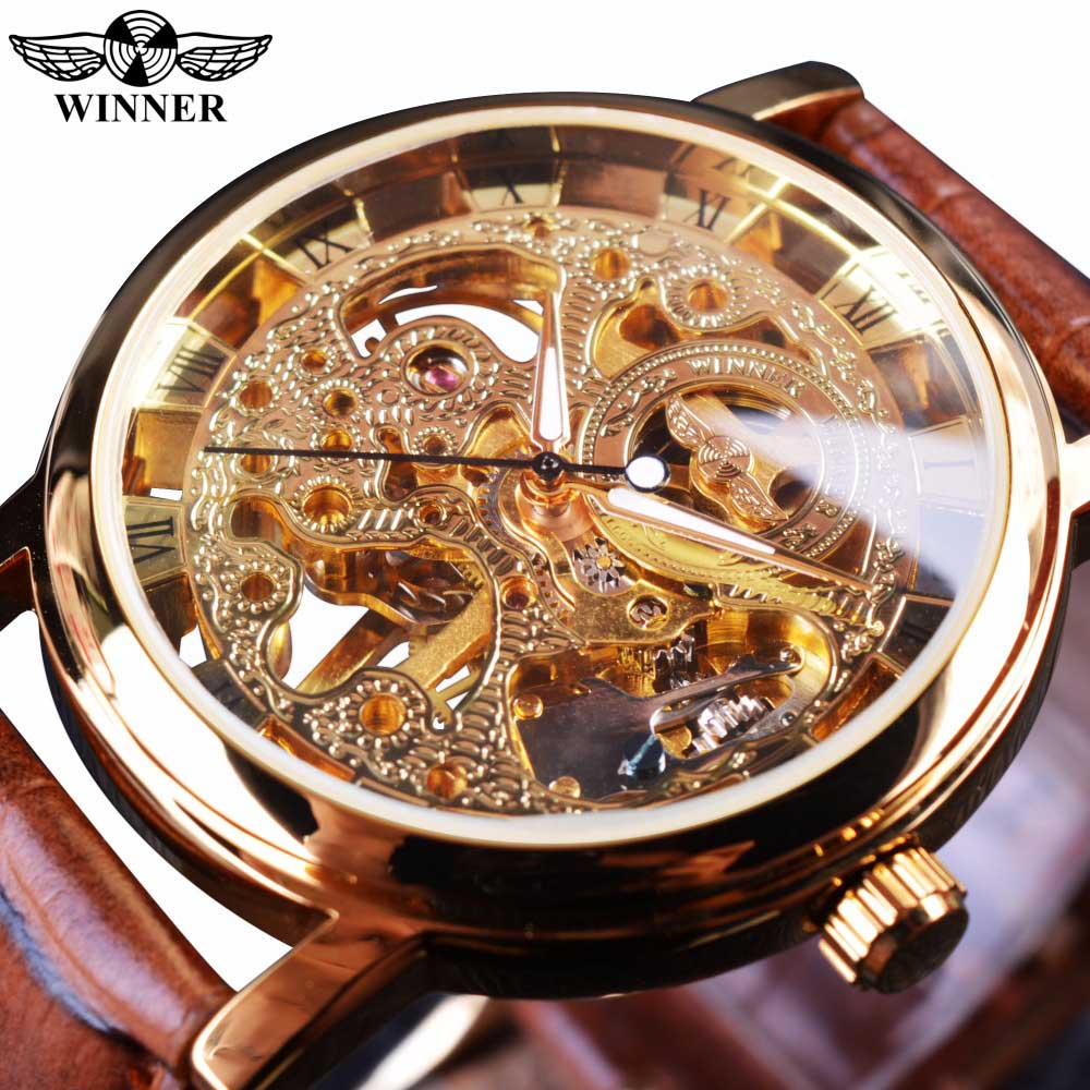 Winner ⌚  impresionante Reloj de Hombre con Caja Dorada Transparente, HERMOSA COLECCION Diseño Casual de Lujo y Correa de Cuero Marrón 🕶️ Reloj Mecánico Esqueleto de Marca Top de Lujo 🌟