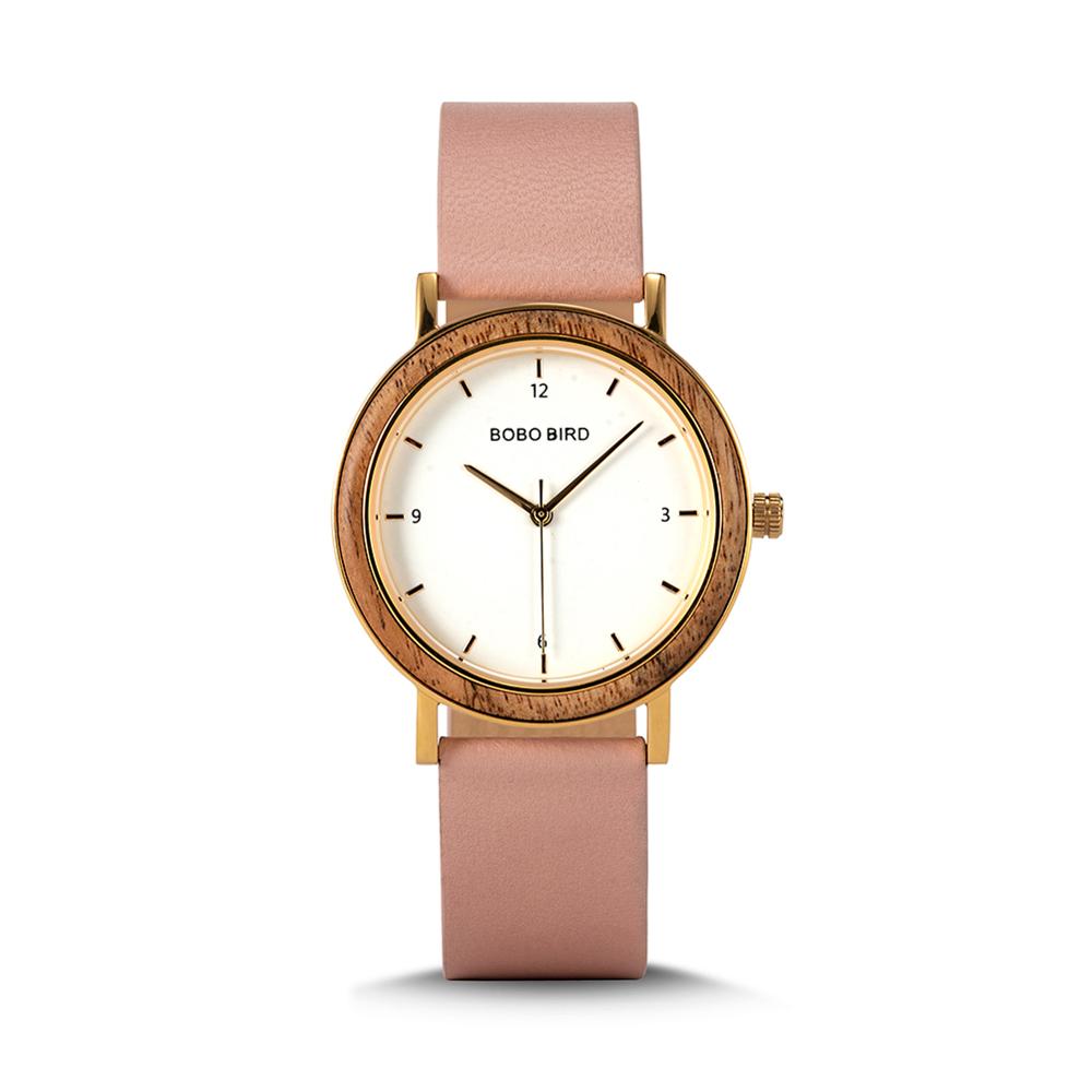 BOBO BIRD-reloj de madera ultrafino para mujer, accesorio de pulsera de cuarzo con movimiento japonés, correa de cuero auténtico, color dorado, 6,5mm