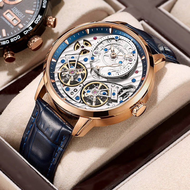 JINLERY Reloj de pulsera automtico para hombre crongrafo mecnico de lujo con doble volante a la moda MasculinoRelojes mecnicos -