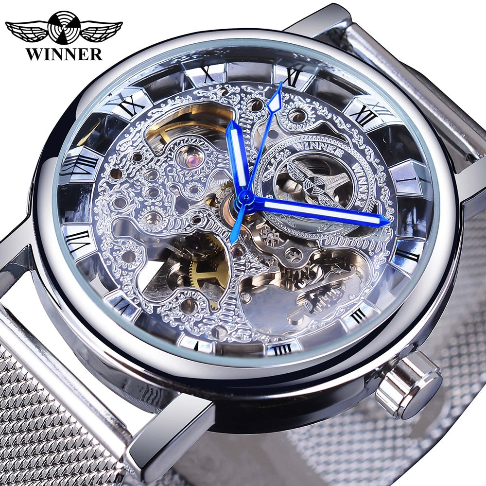 Winner ⌚  impresionante Reloj de Hombre con Caja Dorada Transparente, HERMOSA COLECCION Diseño Casual de Lujo y Correa de Cuero Marrón 🕶️ Reloj Mecánico Esqueleto de Marca Top de Lujo 🌟
