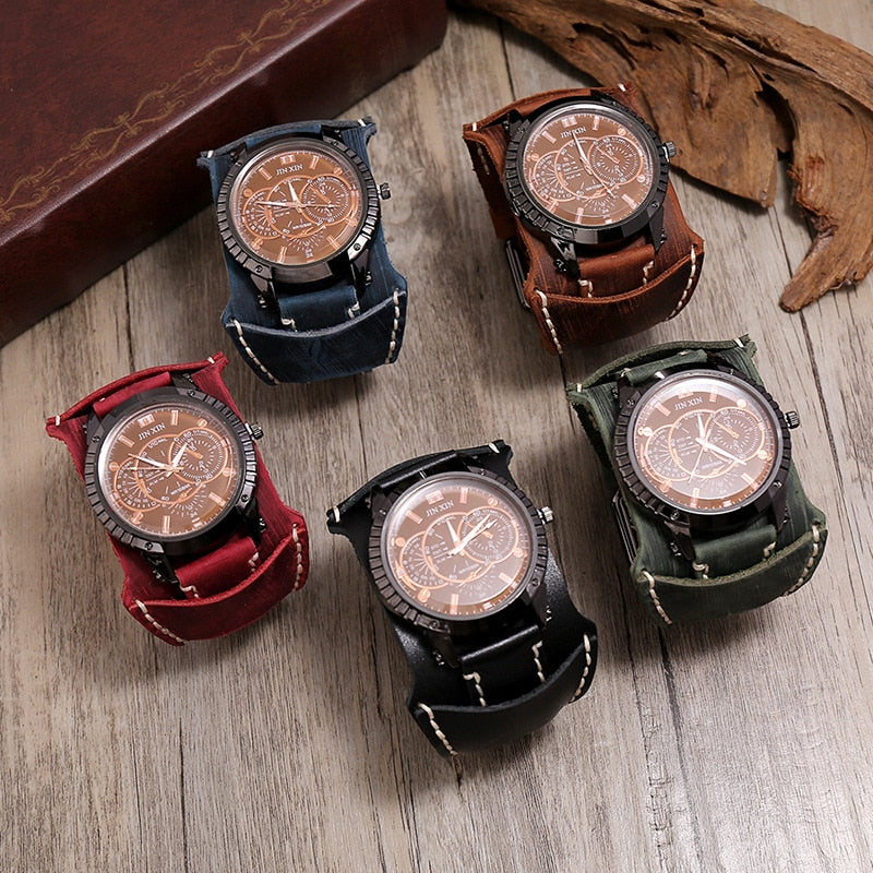 Relojes lujo hombres: cuarzo, dial grande, ver amplia, pulsera cuero, punk, deportiva, regalo.