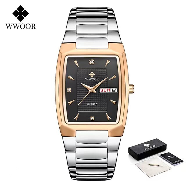 WWOOR ¡Presentamos el "Reloj Dorado de Lujo" para hombres con un nuevo diseño! Fabricado en acero inoxidable, es resistente al agua y cuenta con un calendario y mecanismo de cuarzo. ¡El complemento perfecto para cualquier ocasión! ⌚✨