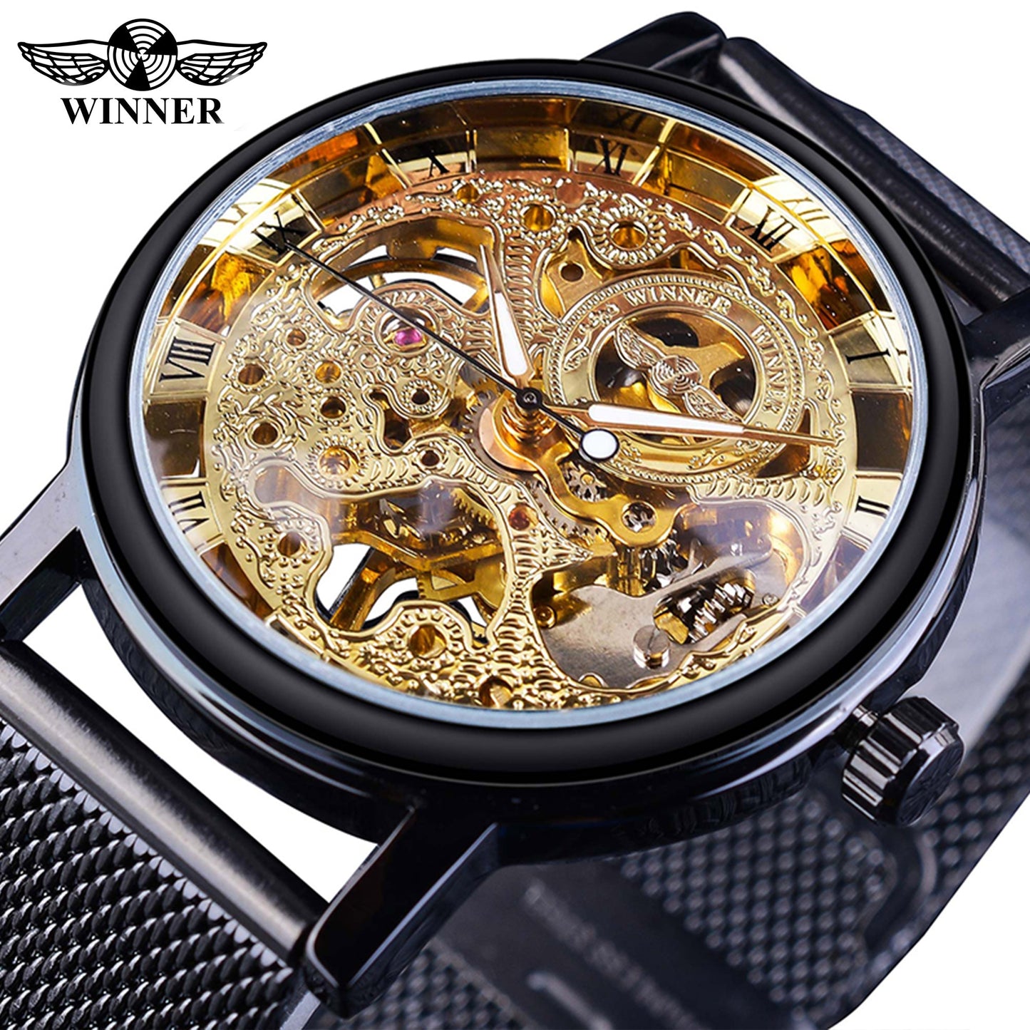 Winner ⌚  impresionante Reloj de Hombre con Caja Dorada Transparente, HERMOSA COLECCION Diseño Casual de Lujo y Correa de Cuero Marrón 🕶️ Reloj Mecánico Esqueleto de Marca Top de Lujo 🌟