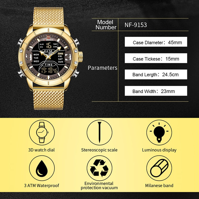 NAVIFORCE – reloj para hombres, cronógrafo de cuarzo, deportivo, militar, digital, LED, de acero inoxidable, masculino