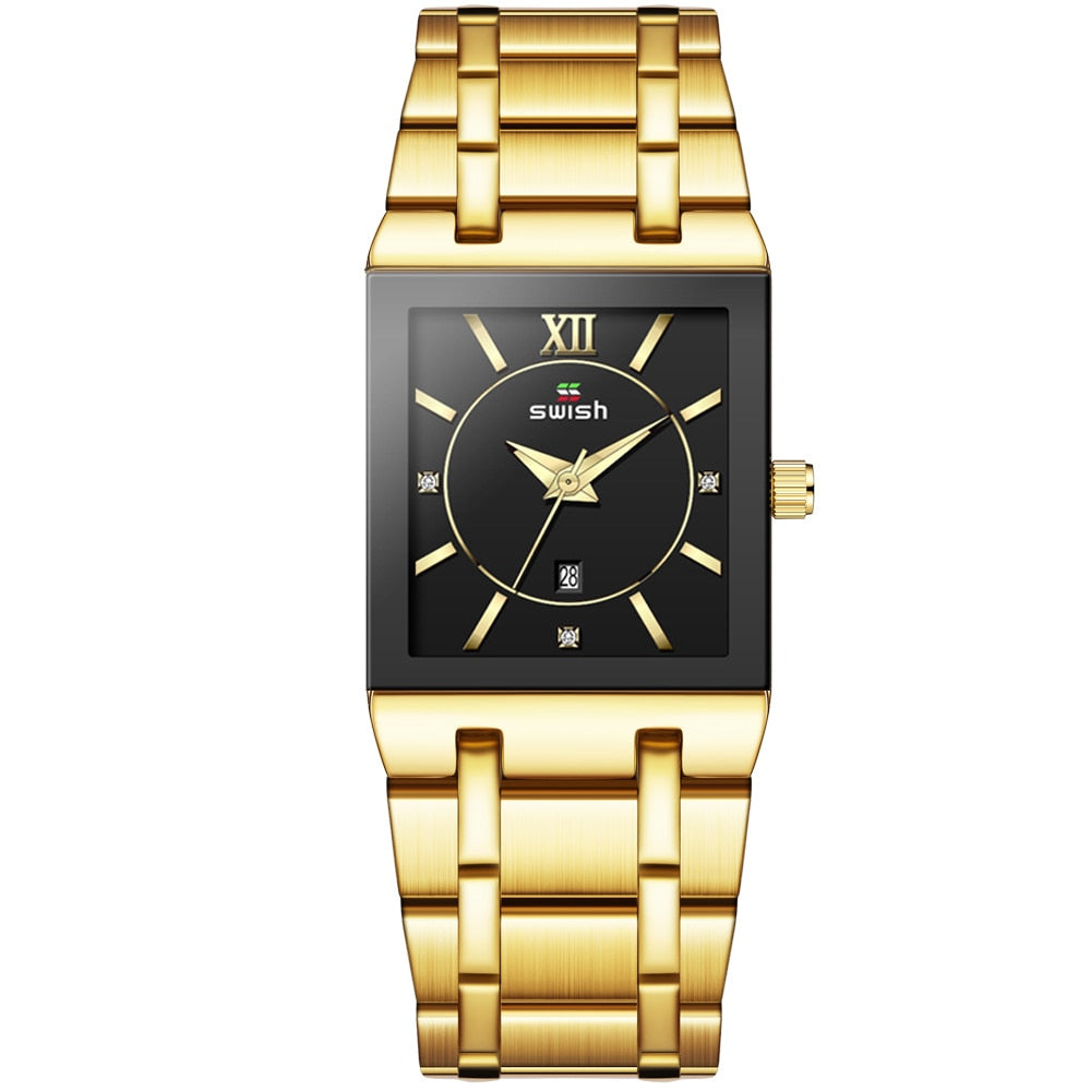 SWISH "Reloj de Pulsera de Lujo para Mujer, Elegante y Dorado. Moda de Reloj Cuadrado con Movimiento de Cuarzo. Reloj Femenino con Diamantes, de Marca Top de Lujo."