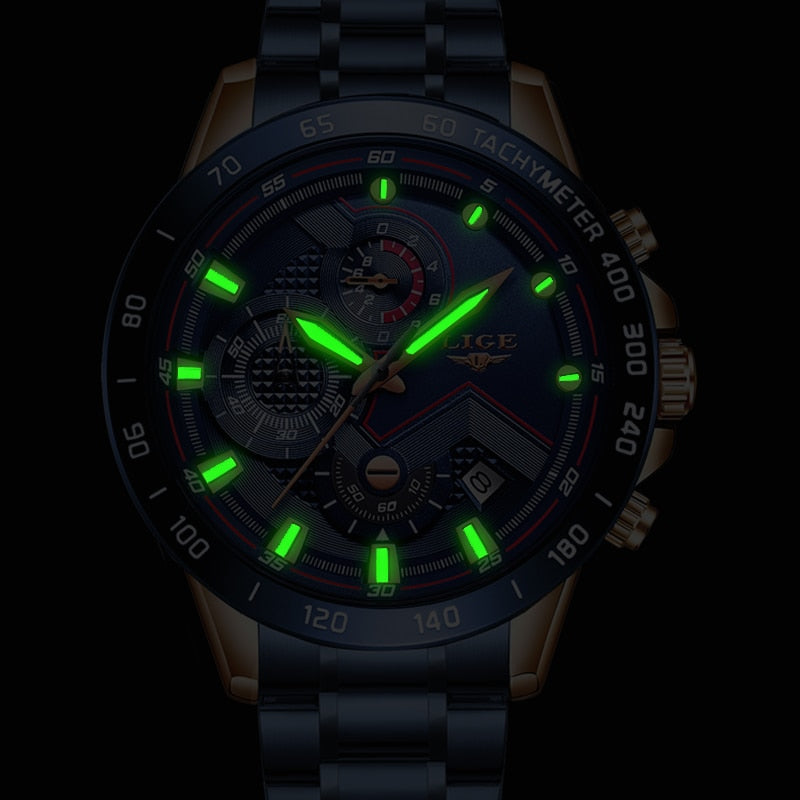 LIGE - 🕰️⌚💪 Reloj deportivo de lujo para hombres 💙💣👨  Cronógrafo de cuarzo y acero inoxidable ⏱️🔧💎  Color azul, estilo militar, a la moda 💙🎖️👨‍✈️  Resistente al agua 💧💦🌊