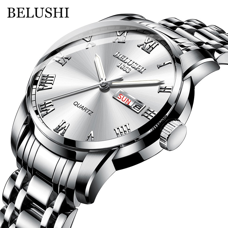 BELUSHI-Reloj de pulsera de cuarzo deportivo para hombre, cronógrafo de acero inoxidable con fecha, luminoso, resistente al agua, de lujo
