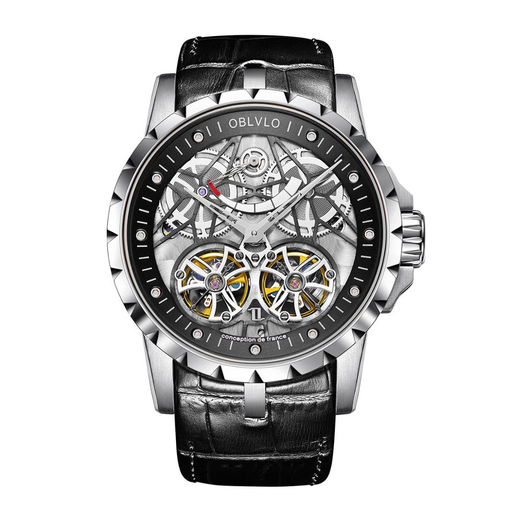 OBLVLO lujo transparente hueco esqueleto relojes automáticos para hombres deporte mecánico doble volante piel de becerro cuero zafiro