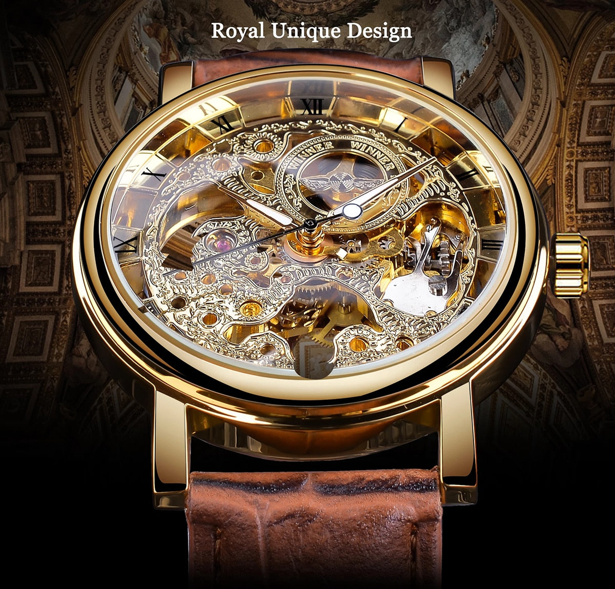 Winner ⌚  impresionante Reloj de Hombre con Caja Dorada Transparente, HERMOSA COLECCION Diseño Casual de Lujo y Correa de Cuero Marrón 🕶️ Reloj Mecánico Esqueleto de Marca Top de Lujo 🌟