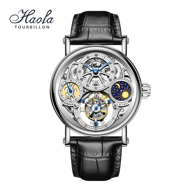 Haofa-Reloj de pulsera con movimiento Tourbillon GMT para hombre, cronógrafo mecánico de zafiro, con carcasa CNC de día y noche, 1601