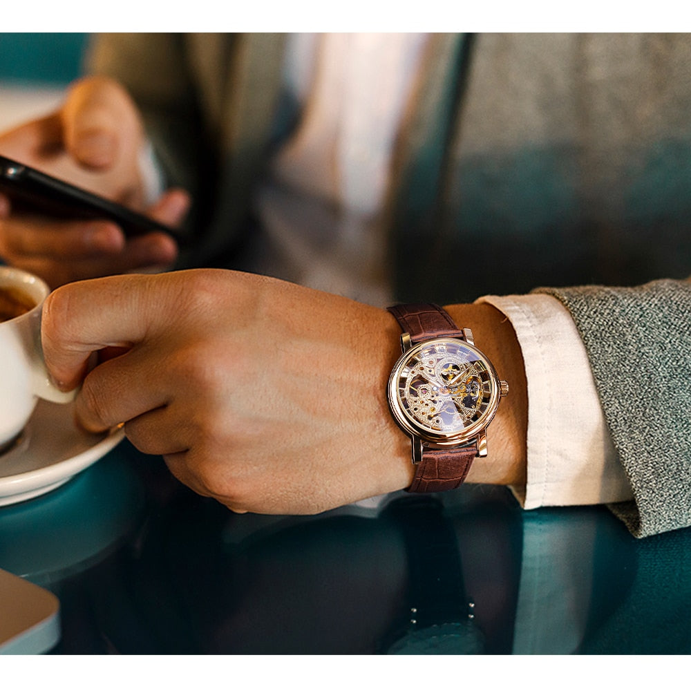 Winner ⌚  impresionante Reloj de Hombre con Caja Dorada Transparente, HERMOSA COLECCION Diseño Casual de Lujo y Correa de Cuero Marrón 🕶️ Reloj Mecánico Esqueleto de Marca Top de Lujo 🌟