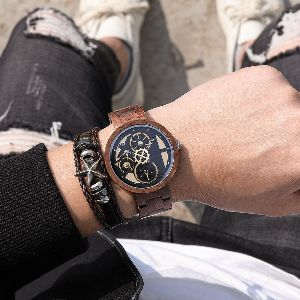 🕰️⌚️🎁 Reloj De Madera Wanlut para hombre, un impresionante cronógrafo De cuarzo con correa De Madera sólida. Su diseño creativo incorpora una única rueda De engranaje, que agrega un toque de ingenio y estilo a tu muñeca.