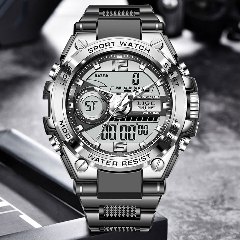 2023 LIGE Sport Men Quartz Digital Watch Creative Diving Watches Men Waterproof Alarm Watch Dual Display Clock Relogio Masculino