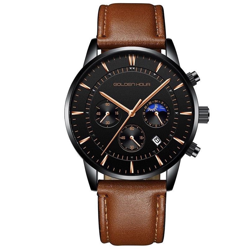 GOLDENHOUR-Reloj deportivo, cronógrafo cuarzo, de lujo, moda, cuero, resistente al agua