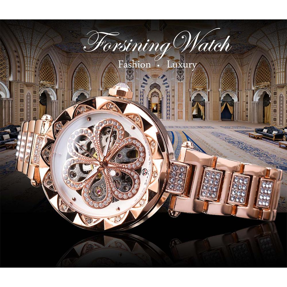 Forsining Reloj mujer, cronógrafo mecánico, resistente al agua, con diamantes y luminoso.