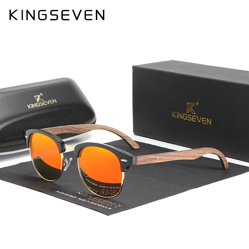 KINGSEVEN 🌳🕶️ Gafas de sol polarizadas hechas a mano para hombre y mujer. Lentes de madera de nogal negro, protección UV400, sin montura, estilo retro para el 2023. 😎🌟