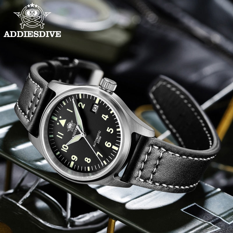 Addies Reloj de buceo mecánico para hombre, pulsera de cuero con cristal de zafiro, reloj de piloto de negocios, NH35, automático, resistente al agua hasta 200M