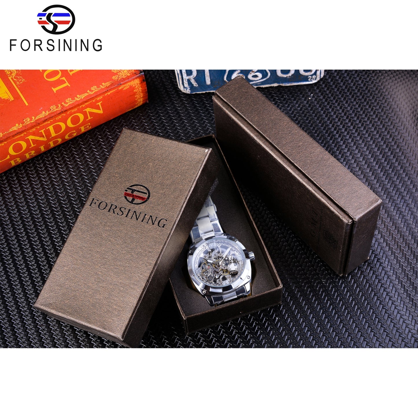 Forsining-relojes de plata con cierre plegable para hombre, relojes automáticos de Seguridad, de lujo, transparentes, manos luminosas