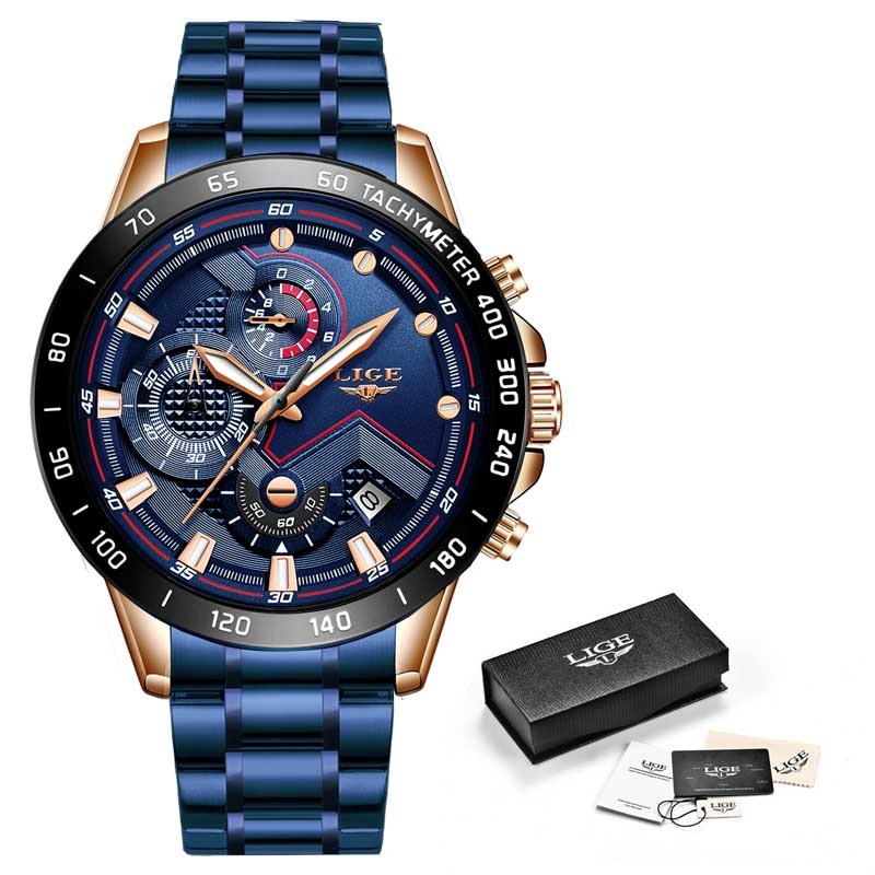 LIGE - 🕰️⌚💪 Reloj deportivo de lujo para hombres 💙💣👨  Cronógrafo de cuarzo y acero inoxidable ⏱️🔧💎  Color azul, estilo militar, a la moda 💙🎖️👨‍✈️  Resistente al agua 💧💦🌊