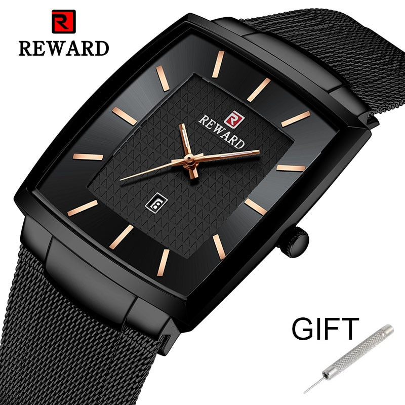REWARD Reloj de Hombre de Marca Superior 👔 Negocio Relogio Masculino ⌚ Cuadrado de Cuarzo Reloj de Hombre 👨 Pulsera de Acero Completo 💦 Resistente al Agua. Con caja de regalo