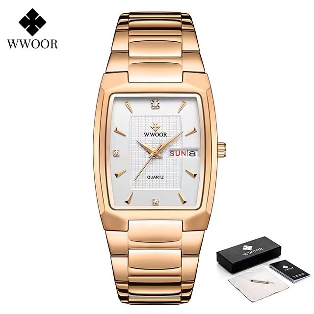 WWOOR ¡Presentamos el "Reloj Dorado de Lujo" para hombres con un nuevo diseño! Fabricado en acero inoxidable, es resistente al agua y cuenta con un calendario y mecanismo de cuarzo. ¡El complemento perfecto para cualquier ocasión! ⌚✨