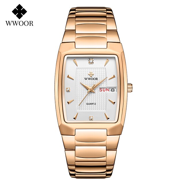 WWOOR ¡Presentamos el "Reloj Dorado de Lujo" para hombres con un nuevo diseño! Fabricado en acero inoxidable, es resistente al agua y cuenta con un calendario y mecanismo de cuarzo. ¡El complemento perfecto para cualquier ocasión! ⌚✨