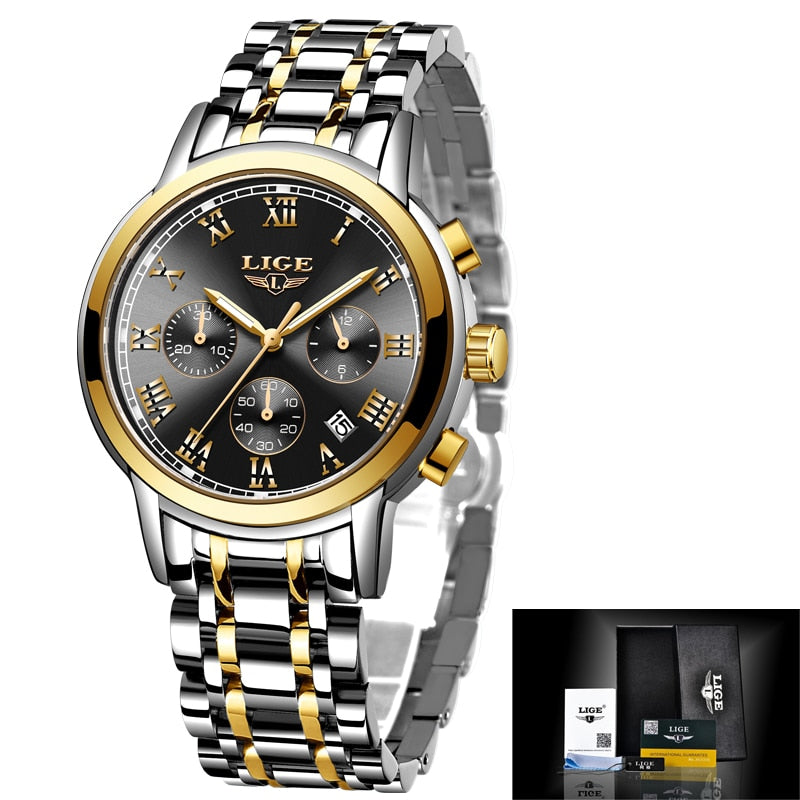 LIGE Relojes de pulsera de acero para mujer accesorio de lujo de marca superior creativo de cuarzo