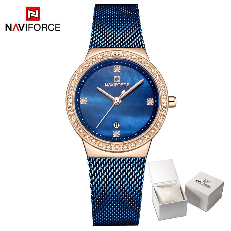 NAVIFORCE-Reloj de lujo con diamantes de imitación para mujer, pulsera de cuarzo resistente al agua con fecha, femenino