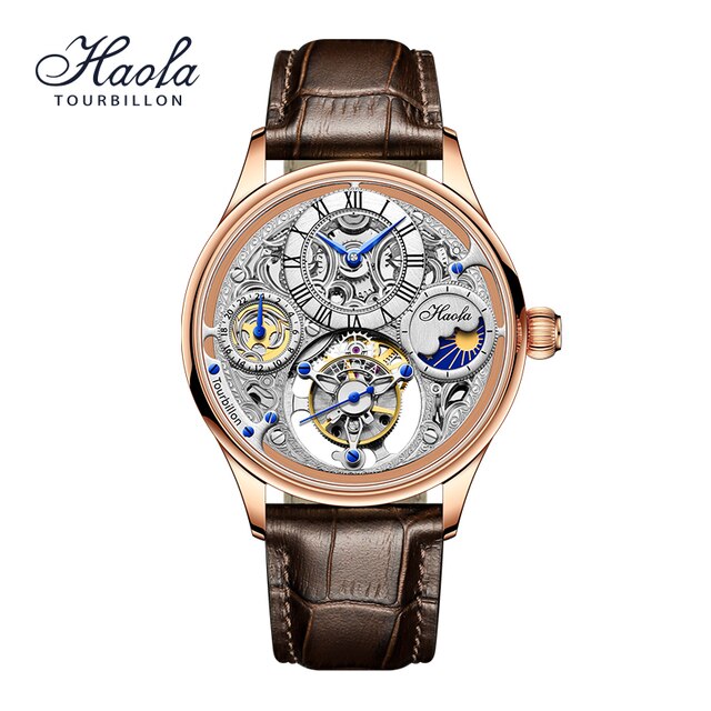 HAOFA-reloj mecánico con movimiento Tourbillon para hombre, cronógrafo con esqueleto Manual, zafiro, GMT Moonphase,