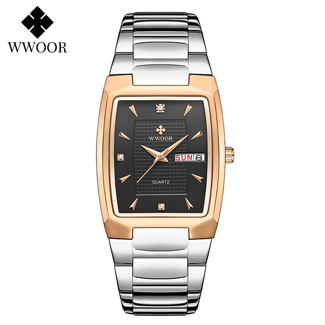 WWOOR ¡Presentamos el "Reloj Dorado de Lujo" para hombres con un nuevo diseño! Fabricado en acero inoxidable, es resistente al agua y cuenta con un calendario y mecanismo de cuarzo. ¡El complemento perfecto para cualquier ocasión! ⌚✨