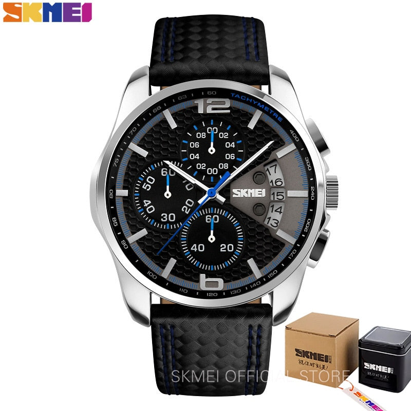 SKMEI Reloj Deportivo de Moda para Hombres, Marca de Lujo, Correa de Cuero, Resistente al Agua 5 Bar, Reloj de Pulsera de Cuarzo, Relogio Masculino 9106.