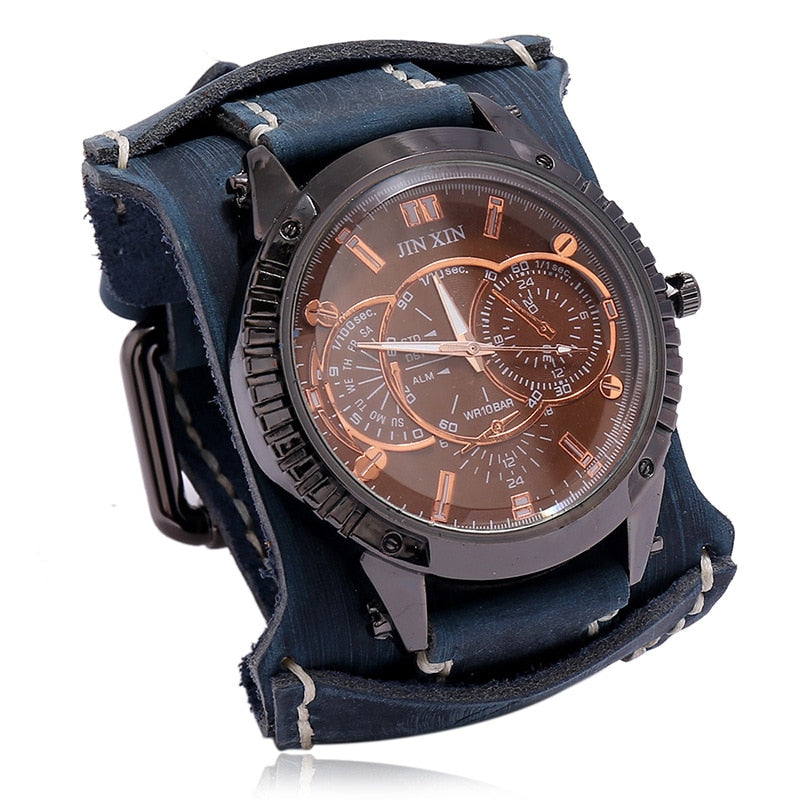 Relojes lujo hombres: cuarzo, dial grande, ver amplia, pulsera cuero, punk, deportiva, regalo.
