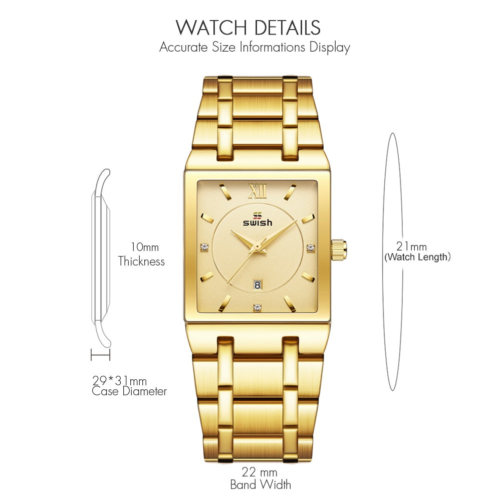 SWISH "Reloj de Pulsera de Lujo para Mujer, Elegante y Dorado. Moda de Reloj Cuadrado con Movimiento de Cuarzo. Reloj Femenino con Diamantes, de Marca Top de Lujo."