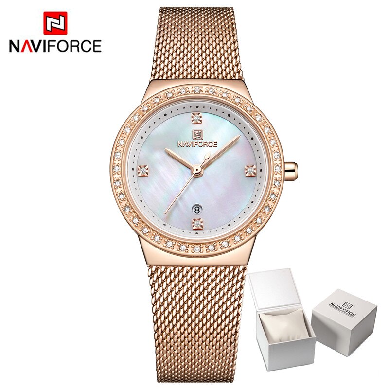 NAVIFORCE-Reloj de lujo con diamantes de imitación para mujer, pulsera de cuarzo resistente al agua con fecha, femenino