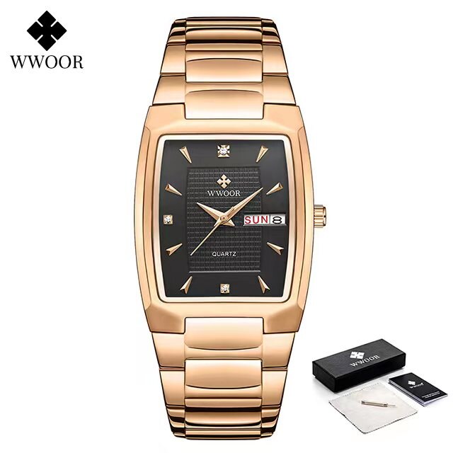 WWOOR ¡Presentamos el "Reloj Dorado de Lujo" para hombres con un nuevo diseño! Fabricado en acero inoxidable, es resistente al agua y cuenta con un calendario y mecanismo de cuarzo. ¡El complemento perfecto para cualquier ocasión! ⌚✨