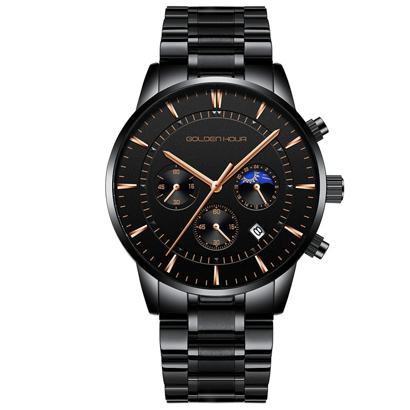GOLDENHOUR-Reloj deportivo, cronógrafo cuarzo, de lujo, moda, cuero, resistente al agua