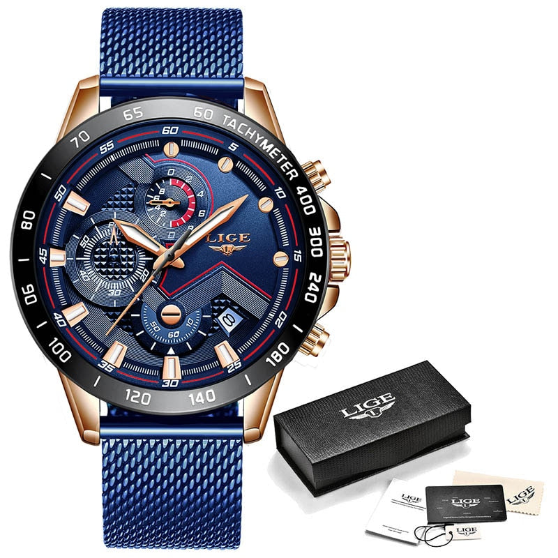 LIGE - 🕰️⌚💪 Reloj deportivo de lujo para hombres 💙💣👨  Cronógrafo de cuarzo y acero inoxidable ⏱️🔧💎  Color azul, estilo militar, a la moda 💙🎖️👨‍✈️  Resistente al agua 💧💦🌊