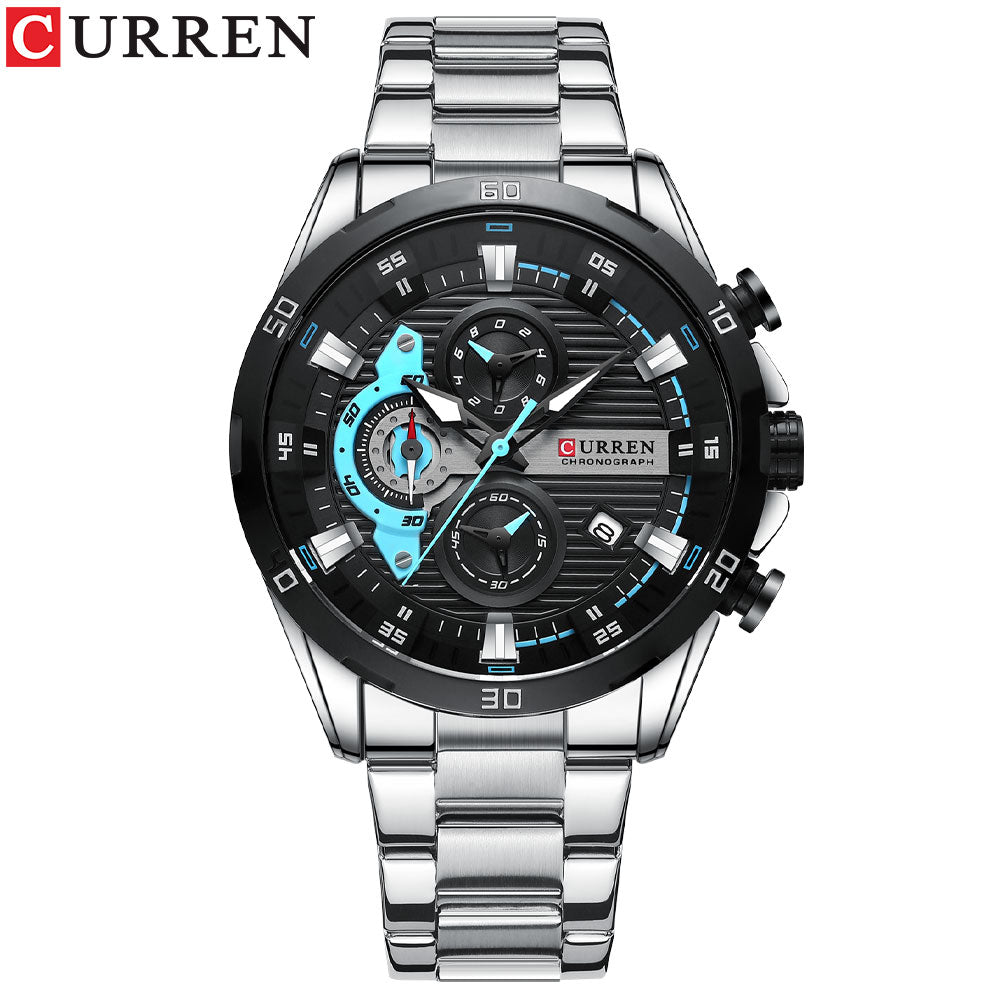 CURREN Sport Watch para hombre, cronógrafo cuarzo, agua resistente, lujo, acero inoxidable, luminoso.