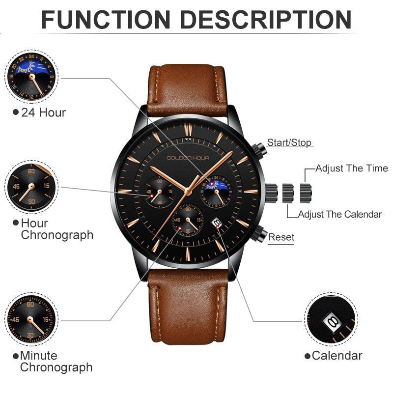 GOLDENHOUR-Reloj deportivo, cronógrafo cuarzo, de lujo, moda, cuero, resistente al agua