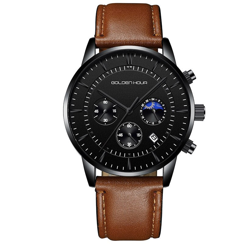 GOLDENHOUR-Reloj deportivo, cronógrafo cuarzo, de lujo, moda, cuero, resistente al agua
