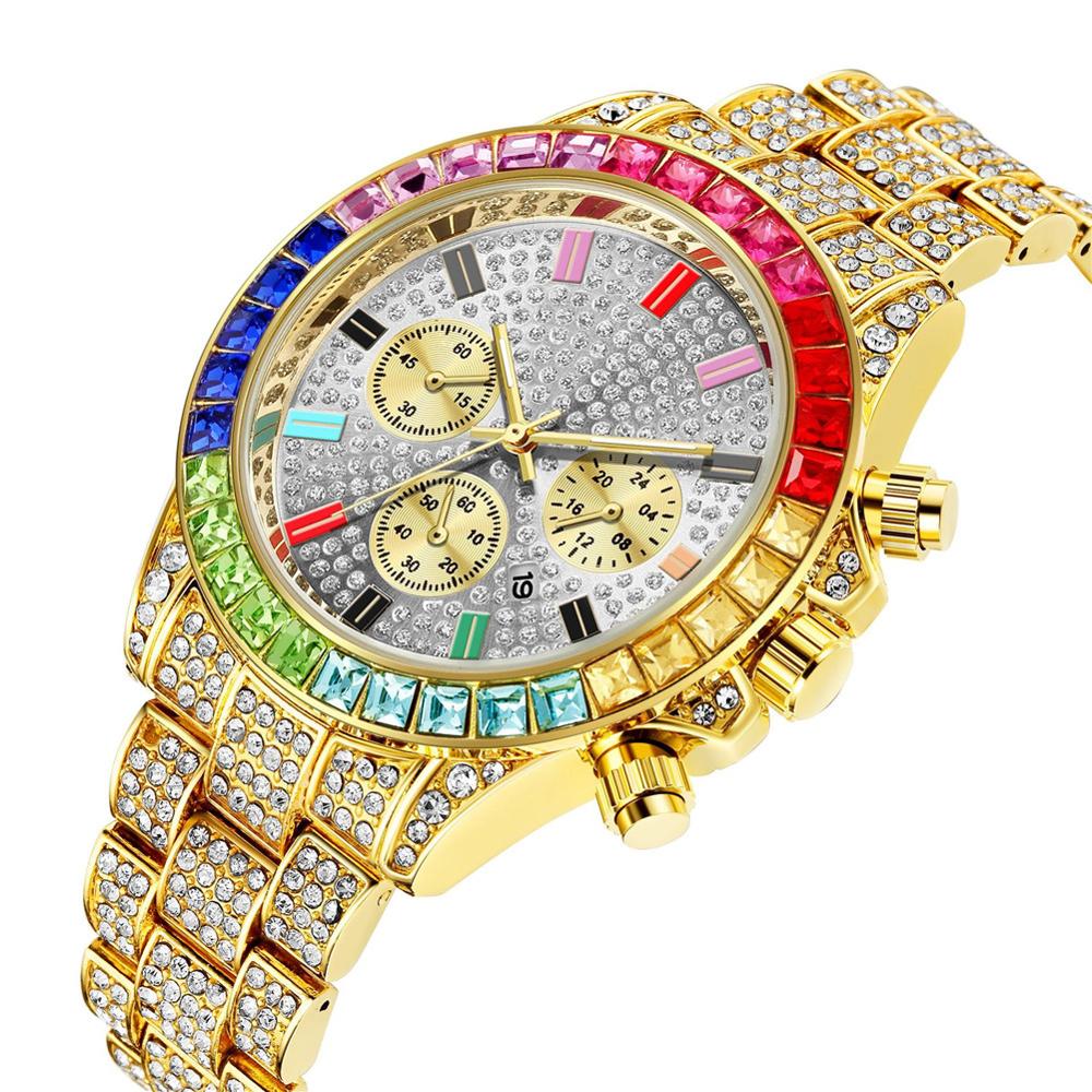 Reloj de cuarzo cuadrado para hombre, cronógrafo de lujo, resistente al agua, con diamantes de colores