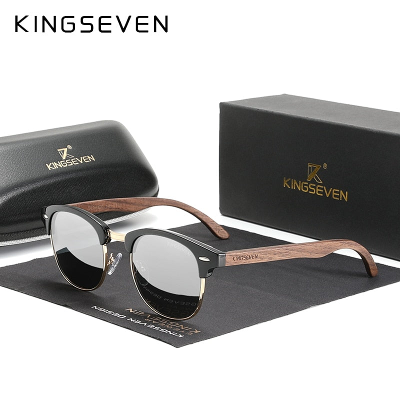 KINGSEVEN 🌳🕶️ Gafas de sol polarizadas hechas a mano para hombre y mujer. Lentes de madera de nogal negro, protección UV400, sin montura, estilo retro para el 2023. 😎🌟