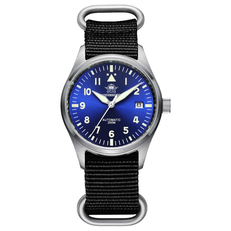 Addies Reloj de buceo mecánico para hombre, pulsera de cuero con cristal de zafiro, reloj de piloto de negocios, NH35, automático, resistente al agua hasta 200M