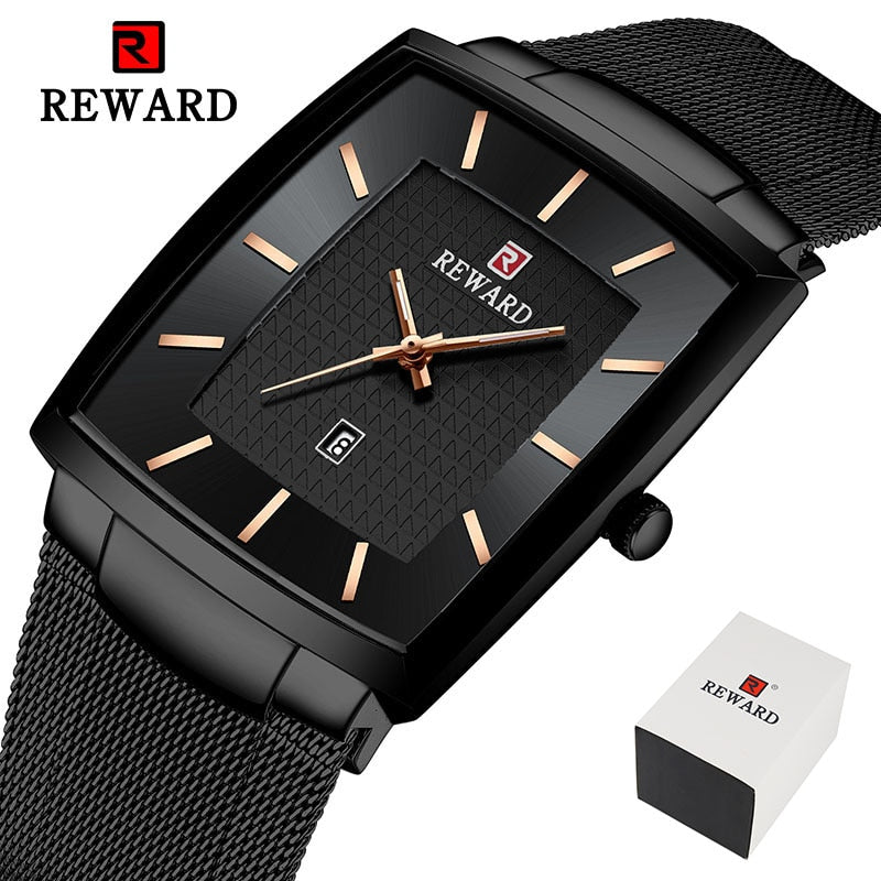 REWARD Reloj de Hombre de Marca Superior 👔 Negocio Relogio Masculino ⌚ Cuadrado de Cuarzo Reloj de Hombre 👨 Pulsera de Acero Completo 💦 Resistente al Agua. Con caja de regalo