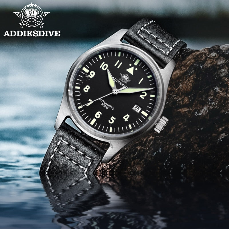 Addies Reloj de buceo mecánico para hombre, pulsera de cuero con cristal de zafiro, reloj de piloto de negocios, NH35, automático, resistente al agua hasta 200M