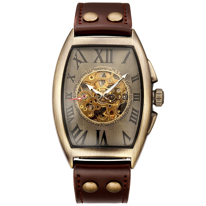 Geekthink Reloj Mecánico Automático Esqueleto Transparente para Hombres con Correa de Cuero Genuino, de Marca de Lujo, Auto Cuerda, Estilo Retro"