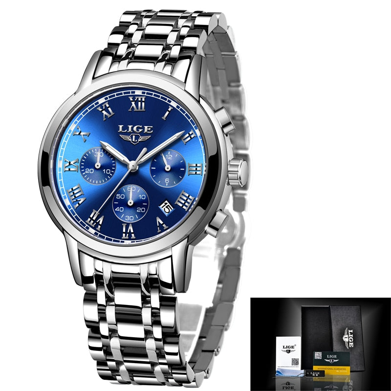 LIGE Relojes de pulsera de acero para mujer accesorio de lujo de marca superior creativo de cuarzo