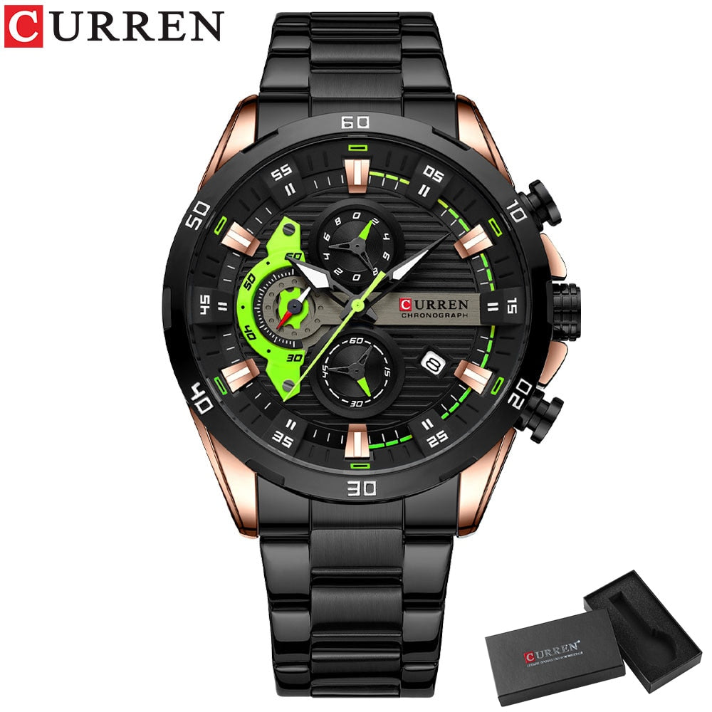 CURREN Sport Watch para hombre, cronógrafo cuarzo, agua resistente, lujo, acero inoxidable, luminoso.