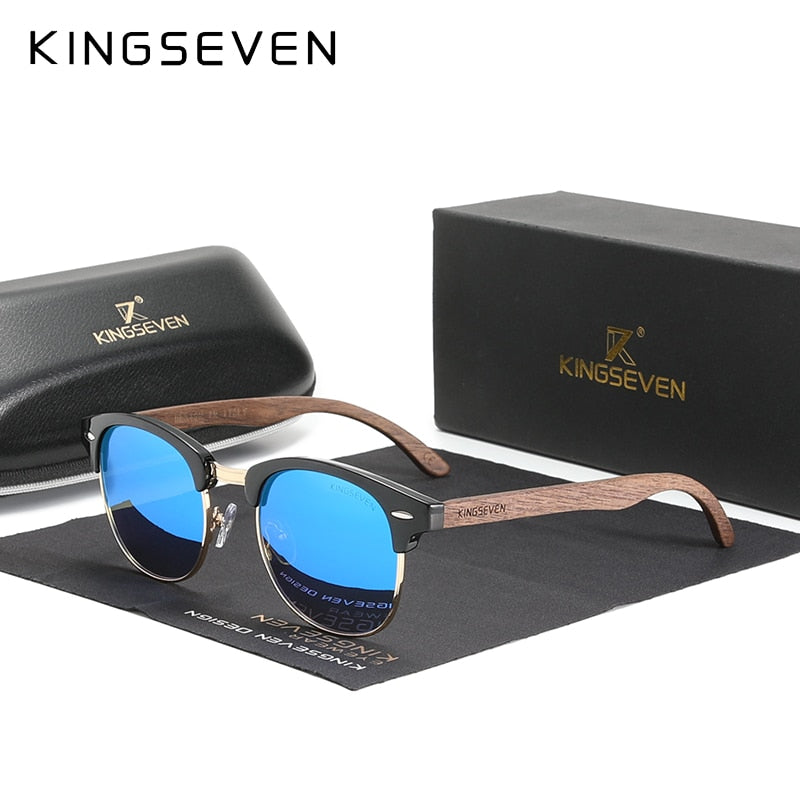 KINGSEVEN 🌳🕶️ Gafas de sol polarizadas hechas a mano para hombre y mujer. Lentes de madera de nogal negro, protección UV400, sin montura, estilo retro para el 2023. 😎🌟