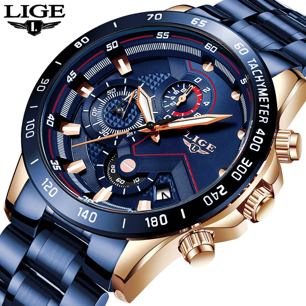 LIGE - 🕰️⌚💪 Reloj deportivo de lujo para hombres 💙💣👨  Cronógrafo de cuarzo y acero inoxidable ⏱️🔧💎  Color azul, estilo militar, a la moda 💙🎖️👨‍✈️  Resistente al agua 💧💦🌊